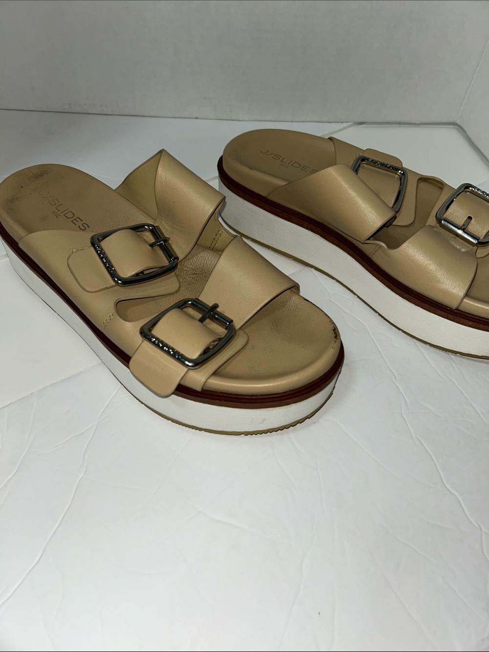 J Slides Beige Double Buckle Platform Sandals